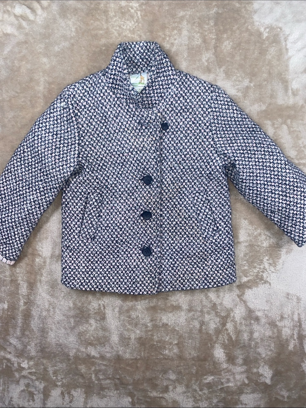 Vintage Sears Wool Blend Black and Pink Tweed Plaid Patterned Pea Coat for Kids
